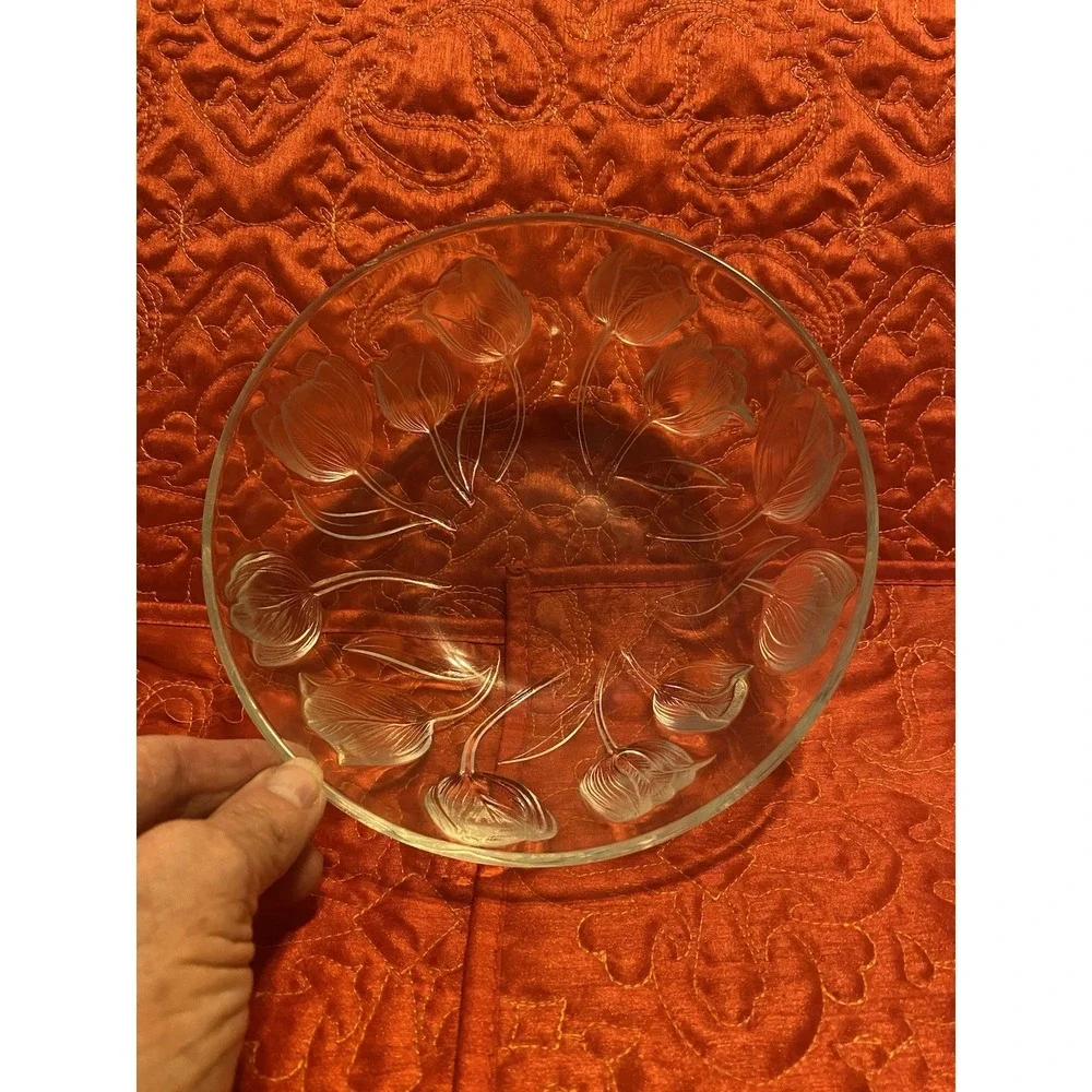 Set Of 3 Teleflora Clear Crystal Bowl Vase Center Piece‎ Frosted Tulips 7.25